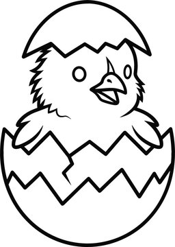 Cute baby chick hatching from a cracked egg shell vector line art illustration for Easter holiday sticker design