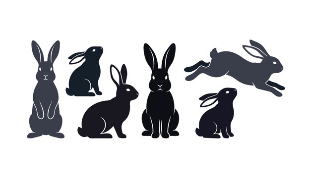 Rabbit silhouette vector collection with isolated black hare icons in various poses on white background