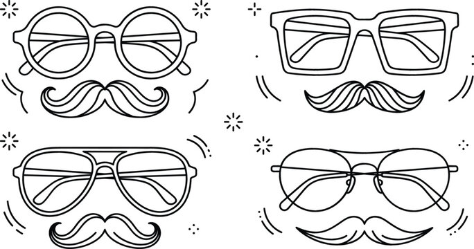 Glasses and mustache vector line art illustration set featuring retro round square aviator eyeglasses and vintage facial hair