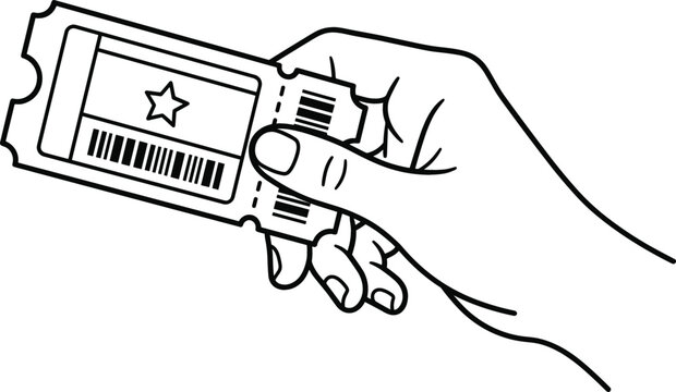 Hand holding ticket vector icon featuring line art illustration of admission coupon pass barcode star and entry event
