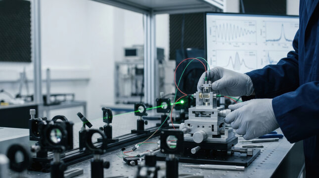 Laboratory research science technology laser optics experiment engineer precision instrument laboratory equipment scientific electronic lens measurement data computer waveform wire workshop