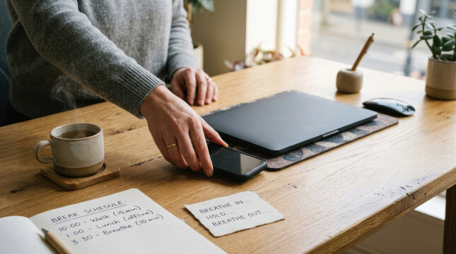 Woman hand smartphone desk laptop coffee notebook work break schedule home office workspace remote work relaxation mindfulness note paper wooden table daylight window
