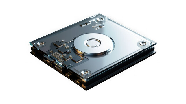 Hard disk drive component with metallic casing and internal circuitry is displayed dynamically.