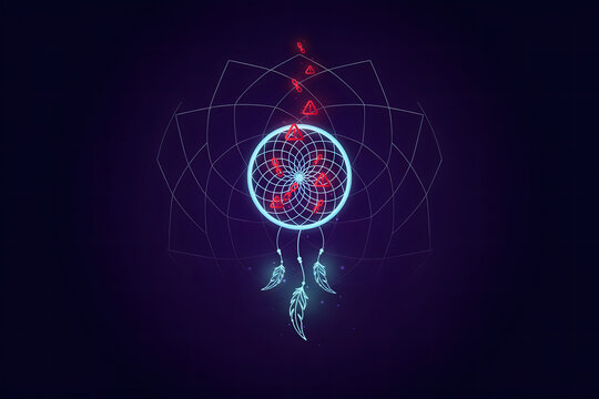 Glowing blue digital dreamcatcher with feathers and floating red warning symbols against a dark blue background, with a subtle, geometric lotus pattern