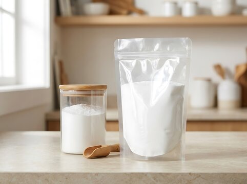Glass jar with wooden lid and flour scoop on a clean kitchen counter. baking soda packaging