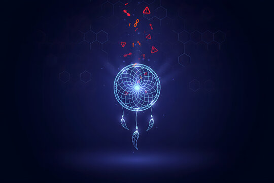 Glowing blue digital dreamcatcher with feathers and floating red warning symbols against a dark blue background, with a subtle, hexagonal grid pattern