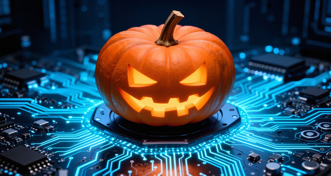 A halloween pumpkin sits on a glowing computer circuit board , Cybersecurity Halloween Jack-o-lantern
