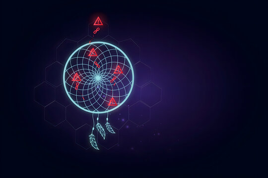 Glowing blue dreamcatcher with neon light effects and floating red warning triangle on a dark blue background, with honeycomb pattern
