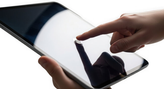 Digital tablet computer held by hands while a finger points at the glossy touchscreen interface against a clean transparent background.