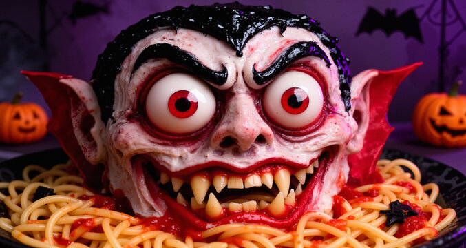 Scary halloween food pasta vampire monster face with big eyes
