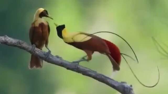 Beautiful Lesser Bird of Paradise Pair Perched on a Branch in Tropical Jungle