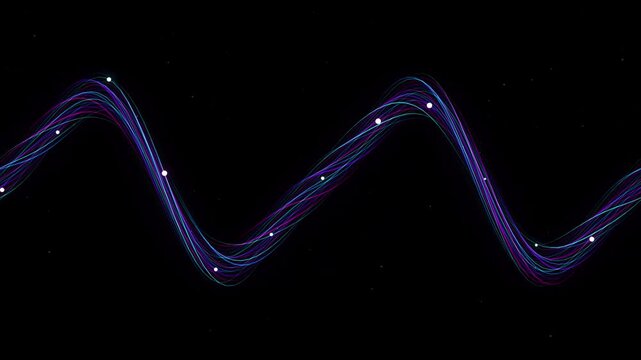 Seamless loop of abstract neon fiber optic helix with glowing particles on black background