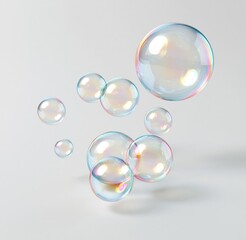 Fototapeta premium Colorful iridescent soap bubbles floating in white space