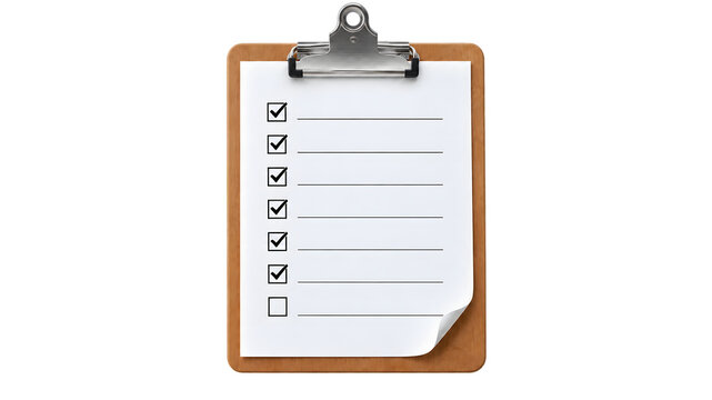 A wooden clipboard holds a checklist sheet with checked mark boxes on a white background. The organized form represents task management and inspection progress. Vector template layout.   