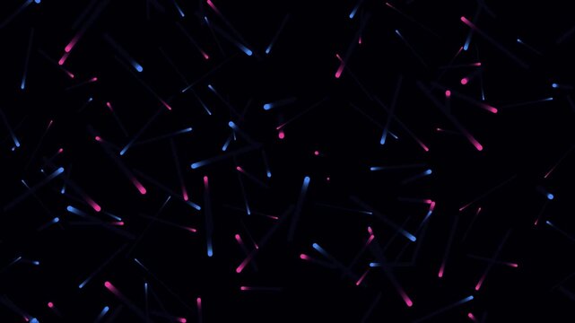 Abstract particles of blue and pink light floating in a dark seamless background
