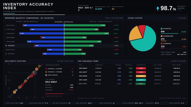 Explore a sophisticated 4K inventory accuracy dashboard showcasing system quantities versus physical warehouse counts with a mirrored layout and vibrant color coding for discrepancies.