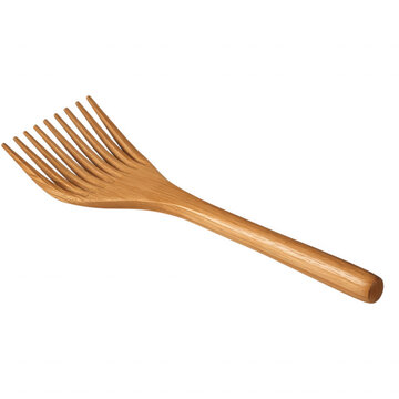 Wooden hair pick with warm light brown wood grain and carved prongs rests gracefully against a plain studio background.