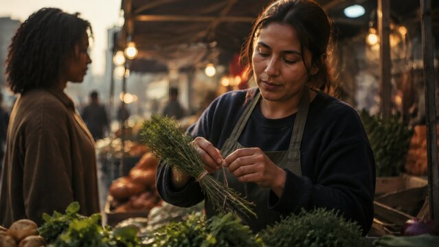 Market vendor sorting fresh herbs at a busy outdoor stall, highlighting local food commerce, agriculture, culinary traditions, retail, sustainability, craftsmanship and community life