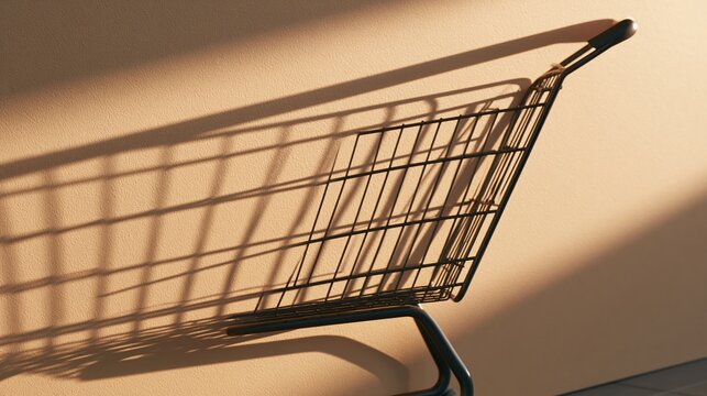 Empty shopping cart casting long shadow on wall