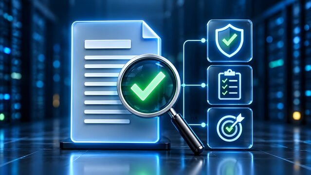 Digital document verification and compliance audit system with glowing checkmark interface in server room