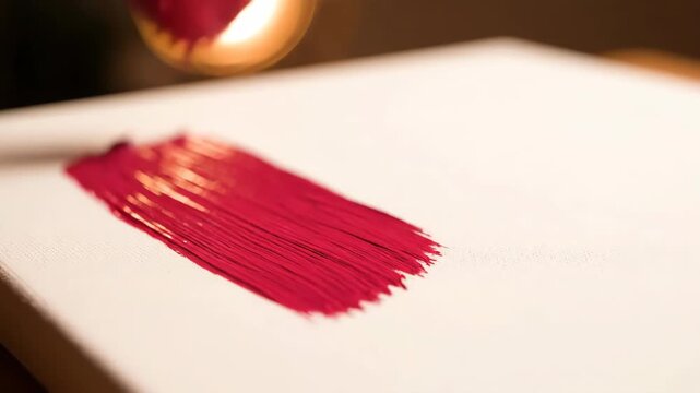 A paintbrush with red paint creating a stroke on a canvas with warm lighting and a soft focus background