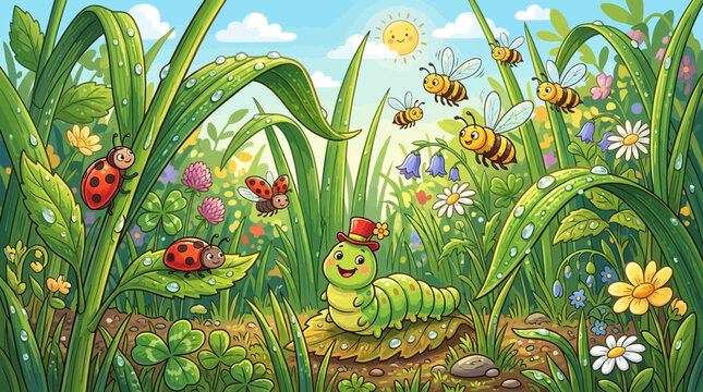 Smiling Caterpillar with Top Hat in a Sunny Garden with Bees and Ladybugs