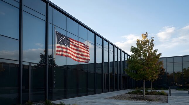 Large american flag displayed on the glass facade of a modern corporate office building exterior during the day