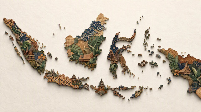 Artistic map of Indonesia decorated with traditional batik patterns, culture, and architecture elements.