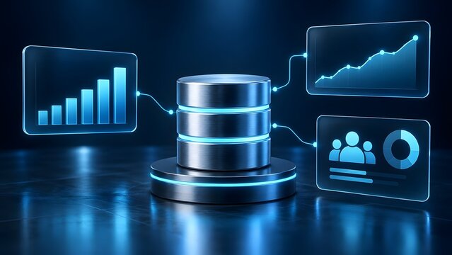 Corporate database server connecting to digital dashboard panels displaying financial charts and user analytics