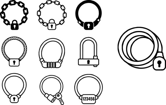Bicycle lock icon set, black and white bike security cable and chain vector collection, 10 anti-theft equipment symbols for cycling safety ,grouped outline icon.