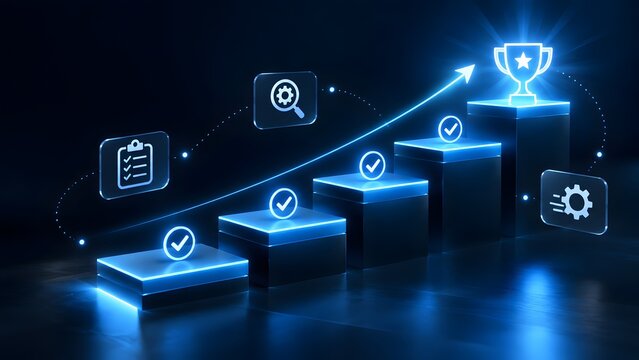 Glowing blue digital staircase leading to trophy symbolizing business success and goal achievement with holographic checklist search and gear icons representing strategic workflow progression