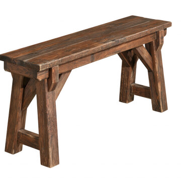 Rustic wooden bench featuring dark brown stained timber and sturdy sawhorse legs stands isolated against a plain transparent background.