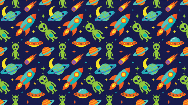 Outer space seamless pattern vector. Features rockets, aliens, UFO spaceships, planets, and comets on dark background. Cute cartoon design for children textile, wallpaper, and wrapping paper.