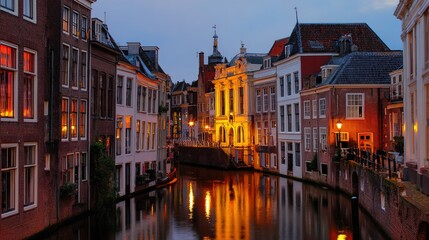 Obraz premium waterway. A serene canal mirroring historic buildings under the glow of twilight. real-estate listings, architecture portfolios, designed for interior renovation comparisons for interiors.
