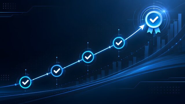 Glowing blue upward business growth trajectory chart passing through verified checkmark milestones leading to final quality certification award on digital background