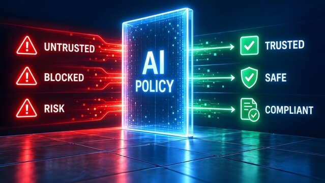 AI policy implementation transforms untrusted risks into trusted safe and compliant outcomes with digital processing and data flow.