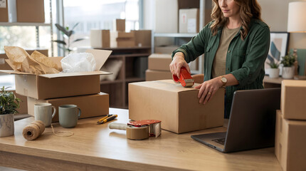 Fototapeta premium Woman packing cardboard box with tape dispenser in small business ecommerce warehouse