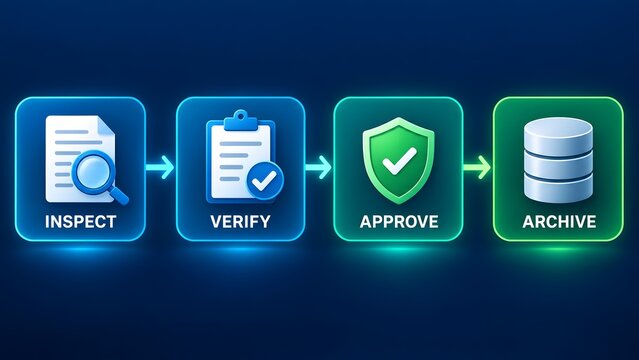 Data workflow process inspect verify approve and archive data in a digital process with icons and database symbol
