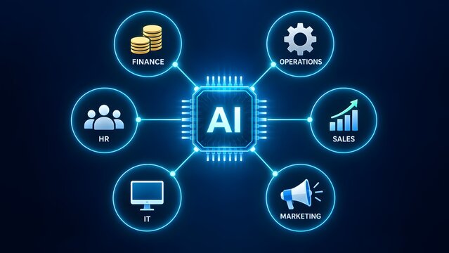Artificial Intelligence AI network connecting business departments like HR IT Sales Marketing Finance and Operations with glowing blue lines on dark