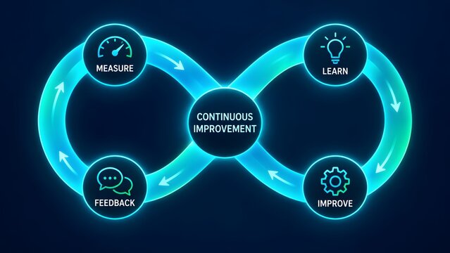 Continuous Improvement cycle diagram with icons for measure feedback learn and improve on dark blue background