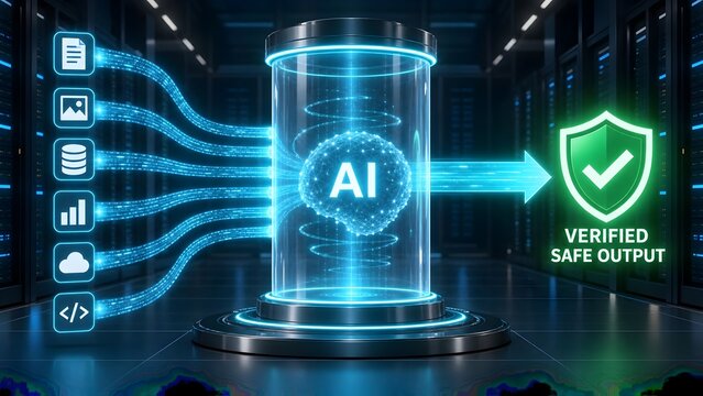 Artificial intelligence processing data streams into verified safe output with secure server room backdrop