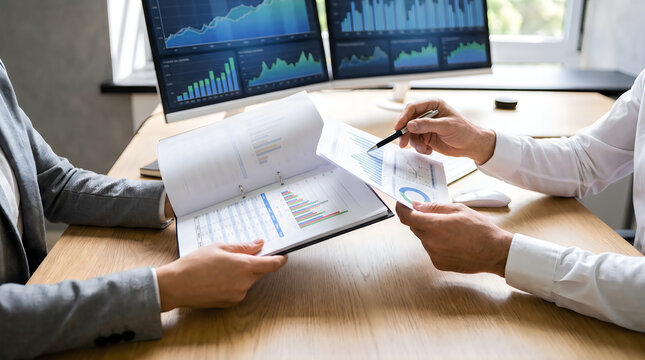 Professional financial analysts reviewing market data and stock charts together in a modern office workspace environment