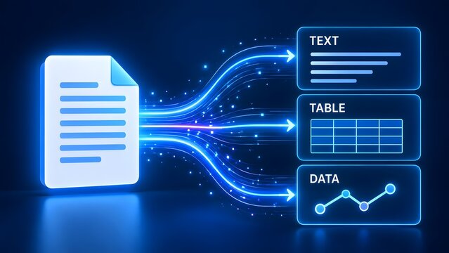 Digital document processing and conversion concept parsing raw files into text tables and chart data