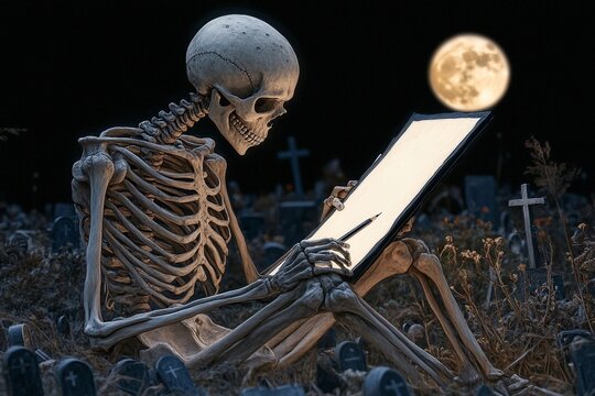 Skeleton sits cross legged in graveyard under full moonlight