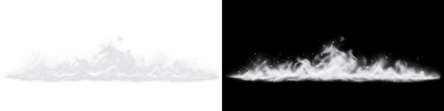 Billowy white smoke cloud border on transparent background, horizontal rolling atmospheric weather vapor mist band with soft puffy edges. Natural foggy steam banner overlay creates cloudscape.