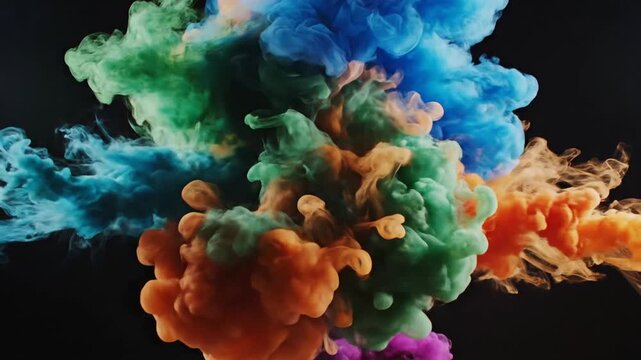 Vibrant colorful smoke plumes against a dark black background
