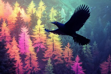 Fototapeta premium Giant bird soars above vibrant forest filled with colorful trees and magical atmosphere in daytime