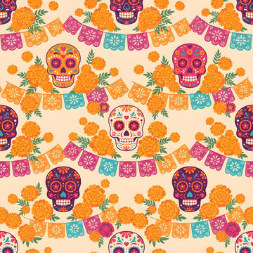 Seamless pattern of sugar skulls marigold flowers and papel picado bunting