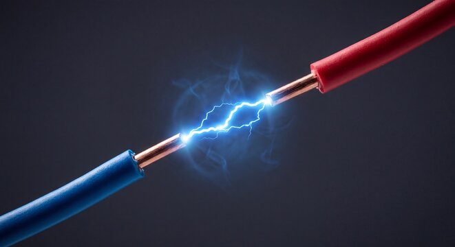 Two exposed electrical wires creating a bright blue electric spark discharge against a dark background with insulation produce vivid stripped copper wires arc against black, 4K Resolution