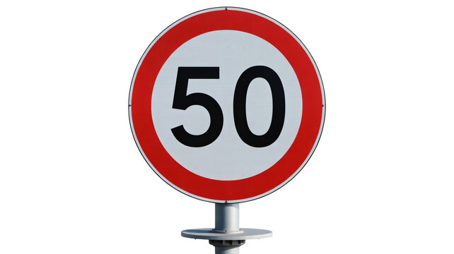 Speed limit sign showing fifty kilometers per hour on road infrastructure